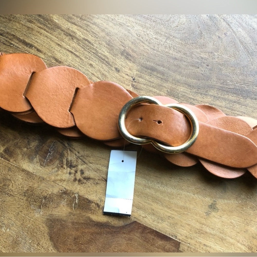 Barneys New York Tan Gold Belt with Decorative Cutouts